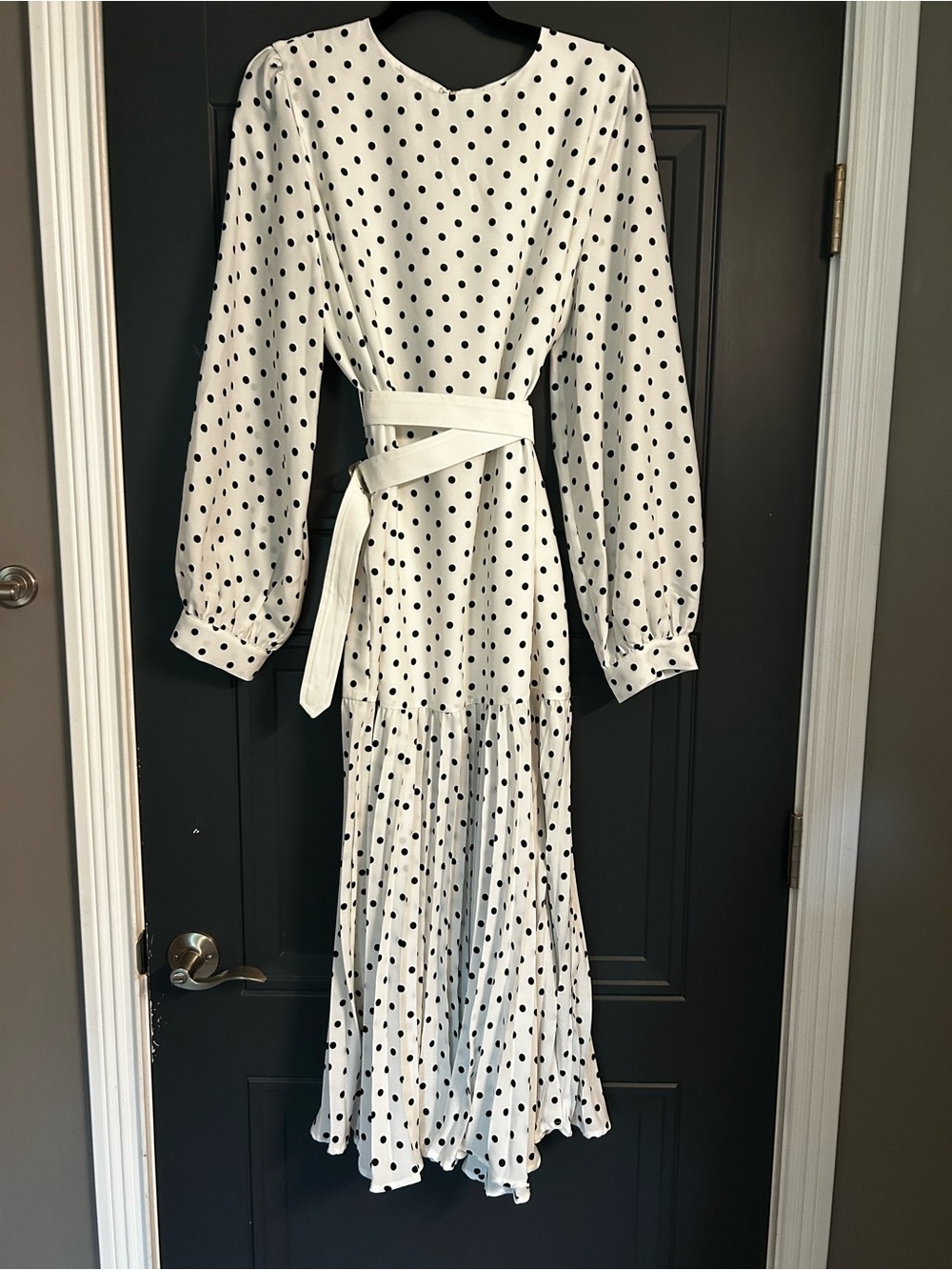Polka Dot Long Sleeve White Dress with Belt